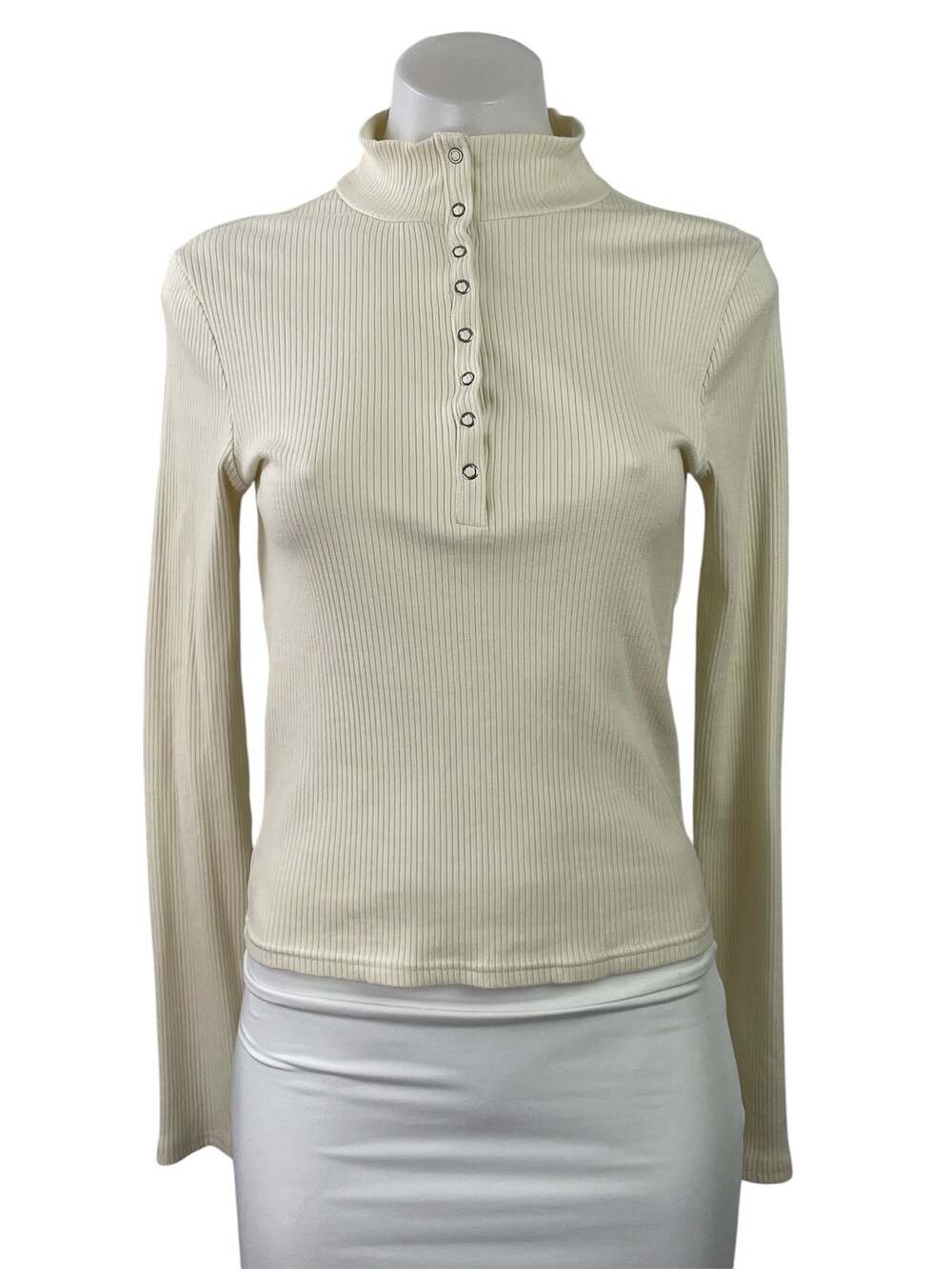 Frank And Oak Cream Ribbed Knit Long Sleeve Henley High Neck Snap Sweater Top S
